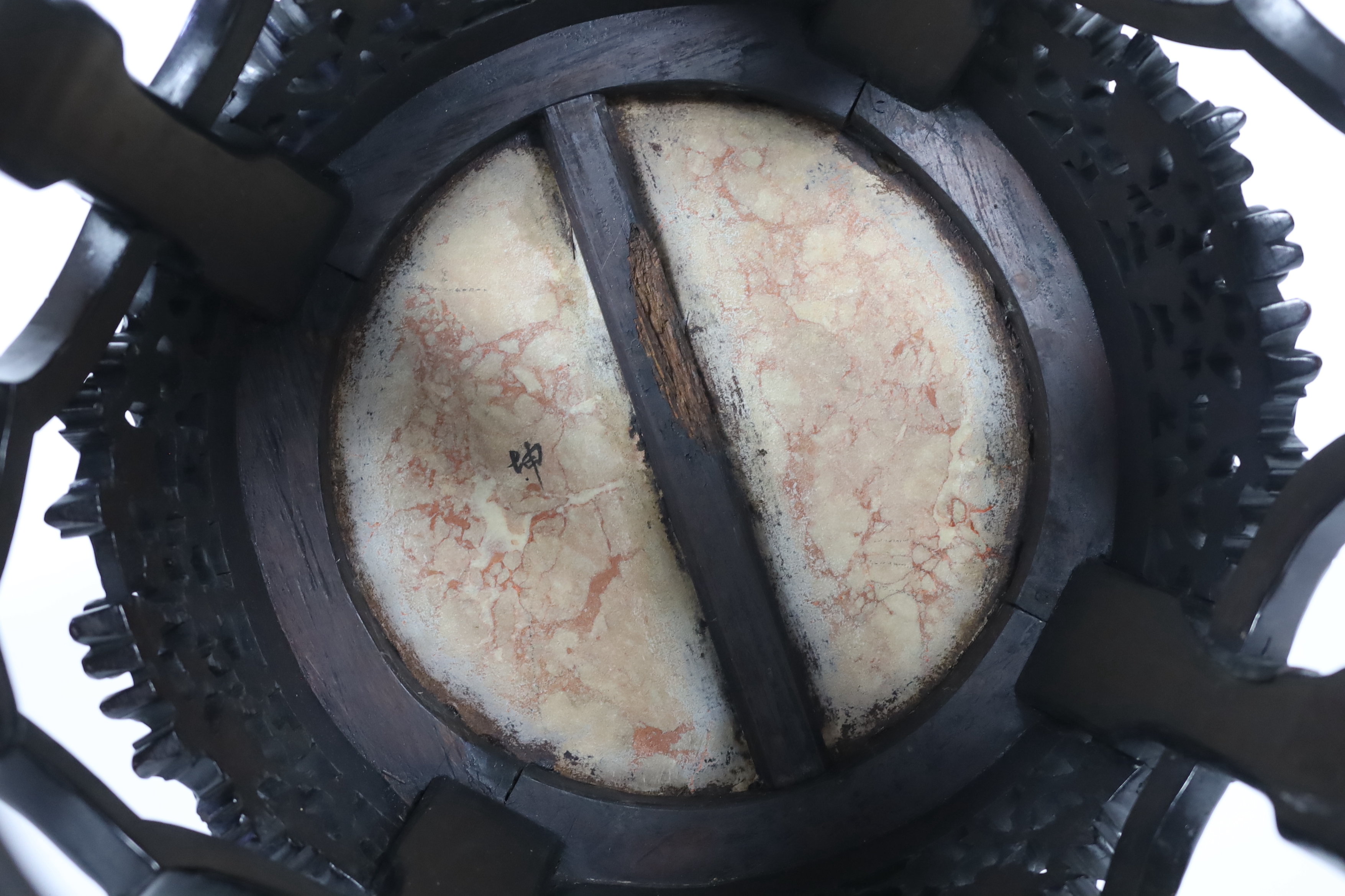A near pair of Chinese hongmu and rouge marble inset stools, late 19th century
